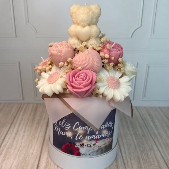Candle box oso con gerberas & rosas