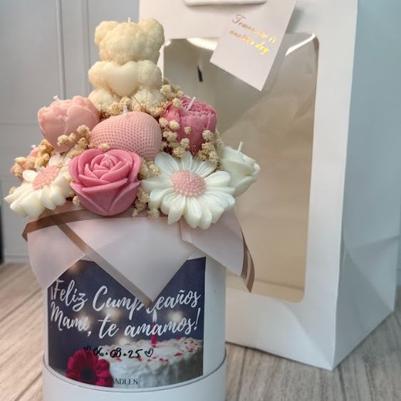 Candle box oso con gerberas & rosas